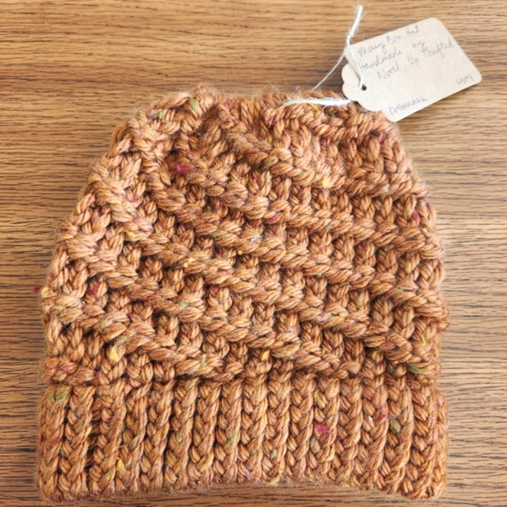 Hand Made Women's Spiral Knit Messy Bun Pony Tail Beanie in Fall Foliage…